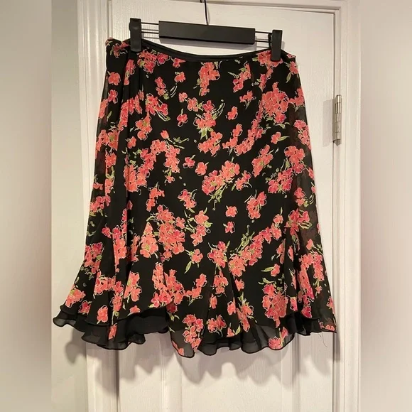 Fashion Bug Size 10 Layered Black Pink Floral Tulip Ruffle Hem Midi Skirt Zip - Picture 1 of 9